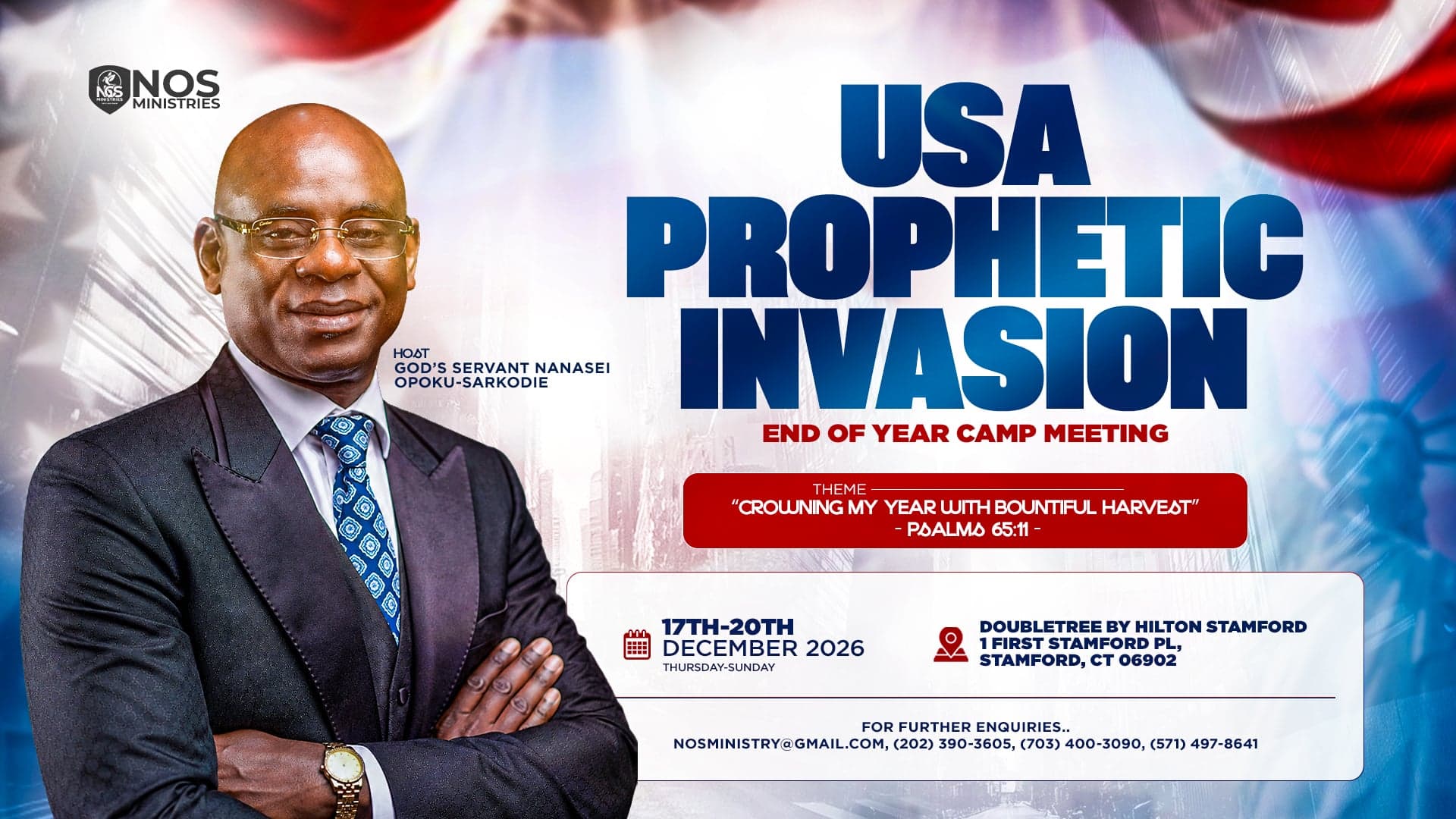 Flyer: USA Prophetic Invasion & End of Year Camp Meeting, Stamford, CT, Dec 17–20, 2026, DoubleTree by Hilton Stamford. Theme: Crowning My Year with Bountiful Harvest, Psalm 65:11.